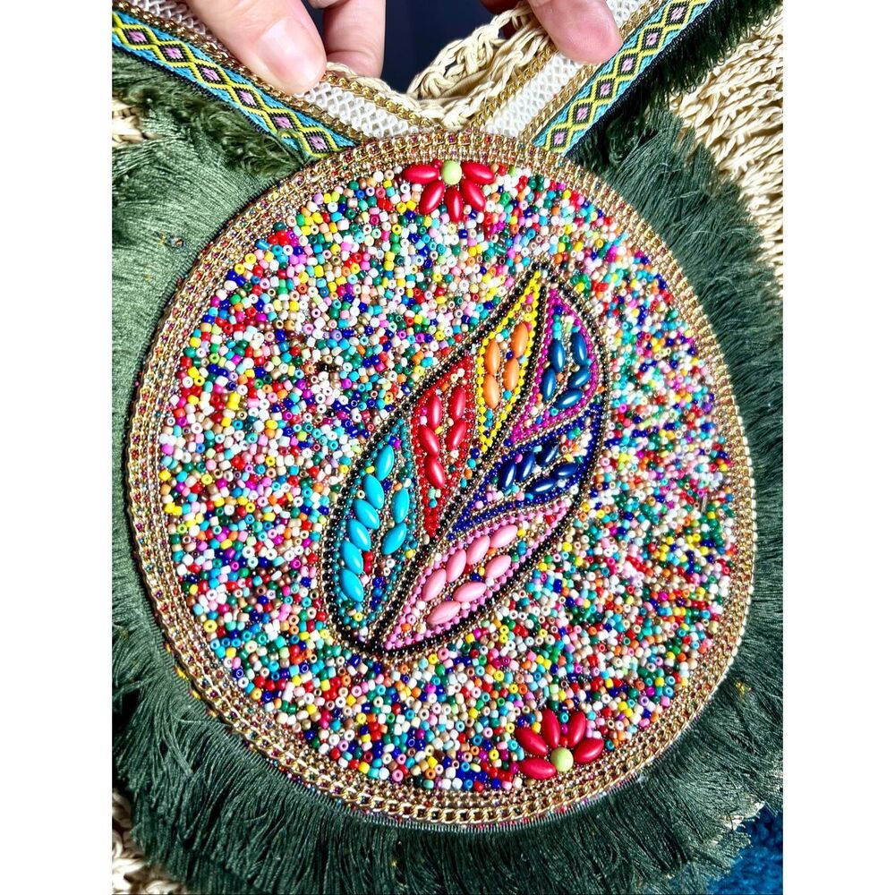 Woven Straw / Grass Tote, Rounded Boho Purse/ Bag, Beaded Thailand Shoulder Purs - Picture 3 of 7